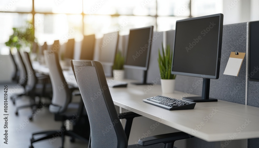 Modern office workspace with computers and plants, bright and organized environment. Modern office workspace with computers and plants, bright and organized environment.