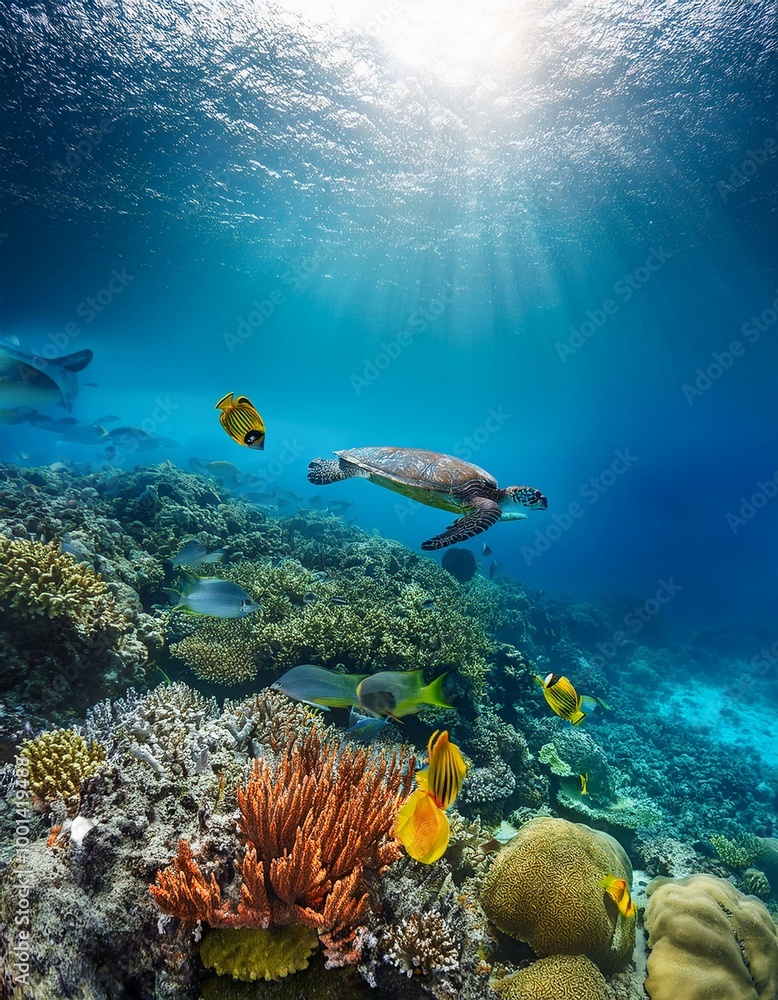 Fototapeta premium 透き通る青い海の中、色とりどりのサンゴ礁と魚たちが泳ぐ海底の世界。エメラルドグリーンに輝く水の中はウミガメヤイルカ、カラフルな熱帯魚が潜んで、太陽の光が水面から差し込んで海中