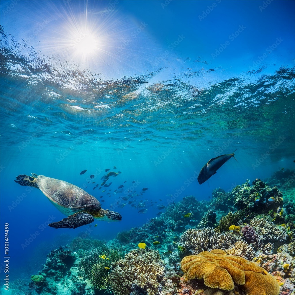 Fototapeta premium 透き通る青い海の中、色とりどりのサンゴ礁と魚たちが泳ぐ海底の世界。エメラルドグリーンに輝く水の中はウミガメヤイルカ、カラフルな熱帯魚が潜んで、太陽の光が水面から差し込んで海中