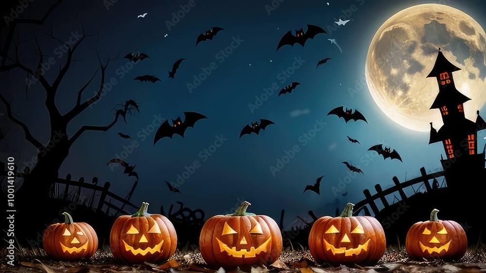 halloween banner with enchanted castle and jack-o-lanterns halloween banner with enchanted castle and jack-o-lanterns