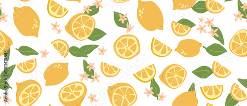 Hand drawn abstract lemon fruit pattern with plant parts and sliced food. Seamless pattern with lemon for textile, wrapping paper, posters. Fashion textures of citrus fruit.