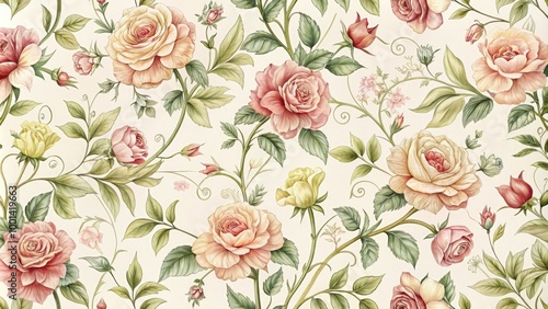 Delicate, intricate, and ornate floral pattern featuring intertwined roses in soft, pastel hues on a creamy white background, evoking vintage elegance and sophistication.