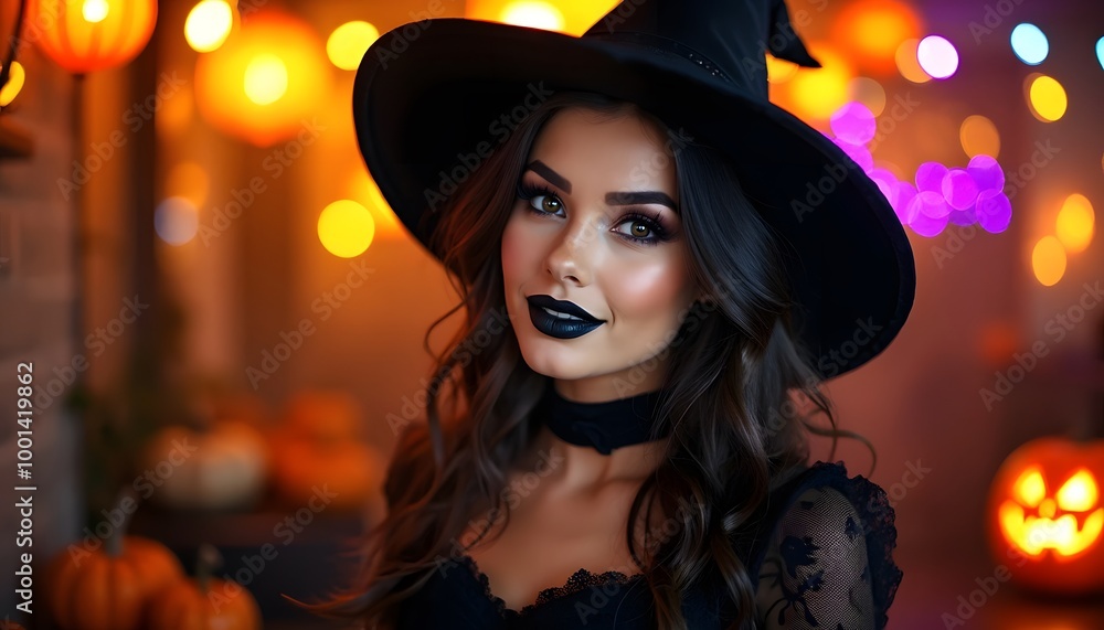 A young woman dressed up as a witch at a Halloween party A young woman dressed up as a witch at a Halloween party