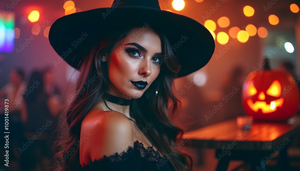 A young woman dressed up as a witch at a Halloween party A young woman dressed up as a witch at a Halloween party