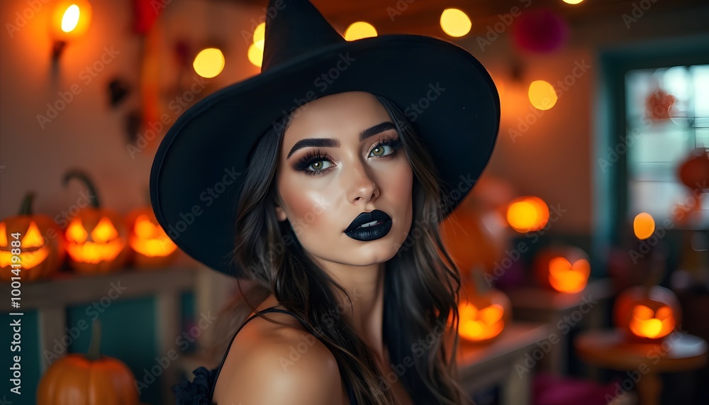 A young woman dressed up as a witch at a Halloween party A young woman dressed up as a witch at a Halloween party