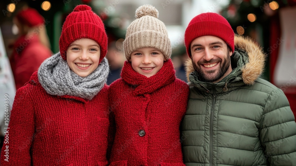Smiling family wearing winter outfits in festive holiday atmosphere. Smiling family wearing winter outfits in festive holiday atmosphere.