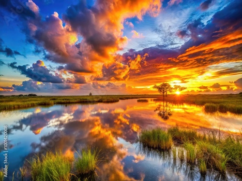 Breathtaking Everglades Sunset Over Marshlands with Reflections and Vibrant Colors in the Sky