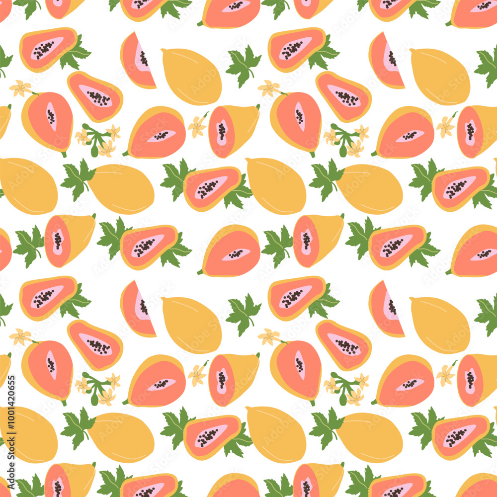 Hand drawn abstract papaya fruit pattern with plant parts and sliced food. Seamless pattern with papaya for textile, wrapping paper, posters. Fashion textures. Hand drawn abstract papaya fruit pattern with plant parts and sliced food. Seamless pattern with papaya for textile, wrapping paper, posters. Fashion textures.