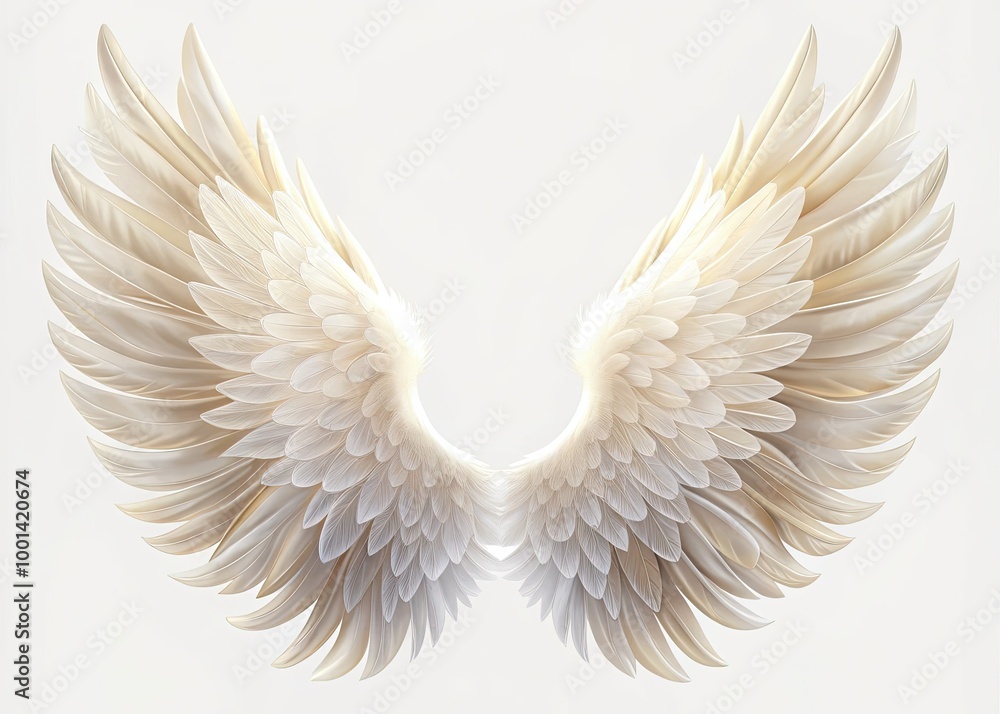 Fototapeta premium Delicate, intricately designed white wings with subtle feather texture and soft, ethereal glow, isolated on a transparent background, perfect for spiritual or inspirational designs.