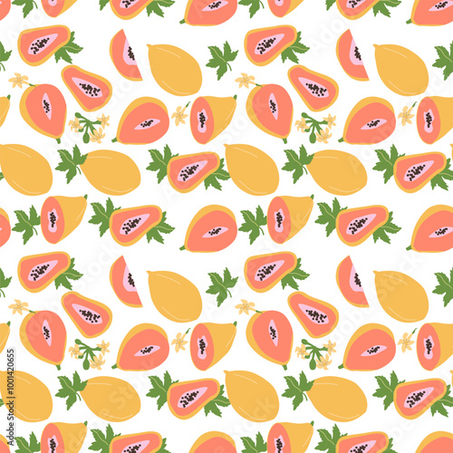 Hand drawn abstract papaya fruit pattern with plant parts and sliced food. Seamless pattern with papaya for textile, wrapping paper, posters. Fashion textures.