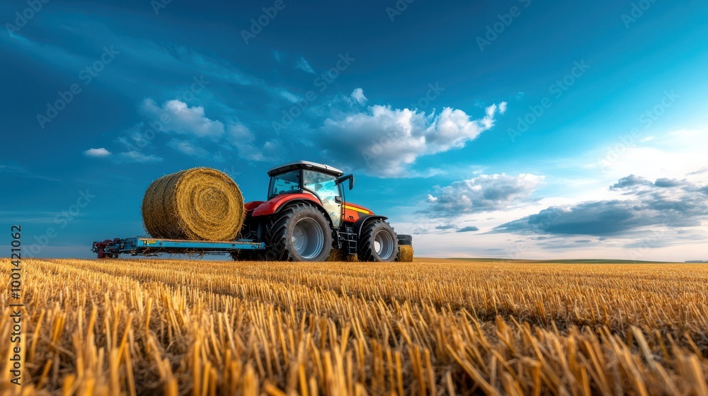 Obraz premium Red Tractor Hauling Hay Bale In Golden Field Under Blue Sky