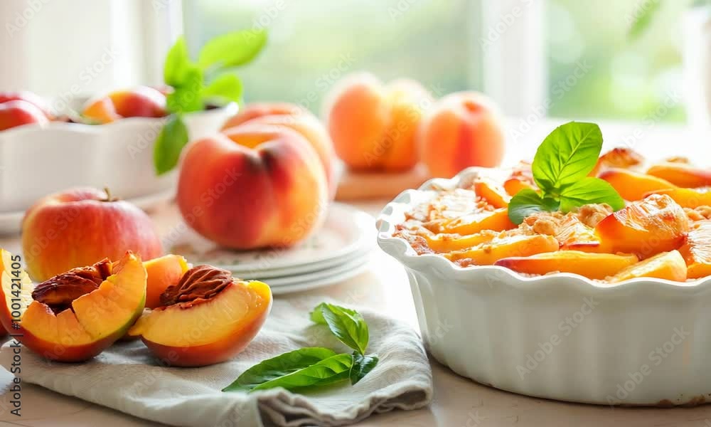Peach cobbler in baking dish, homey feel, natural lighting, copy space Peach cobbler in baking dish, homey feel, natural lighting, copy space