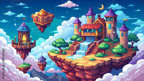 adventurous sky castle, featuring pixelated secret passages, a pixelated moat, and a pixelated wizard's tower, floating in a dynamic pixelated sky with moving pixel clouds