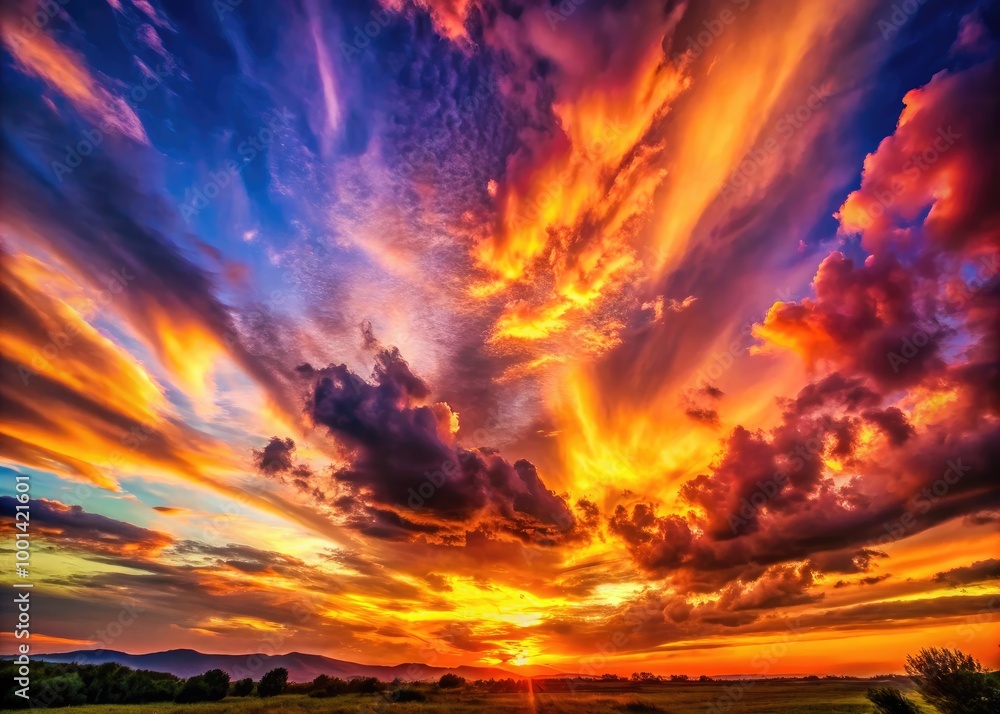 Fototapeta premium Breathtaking Sunset Over a Dramatic Sky with Colorful Clouds Illuminated by the Setting Sun