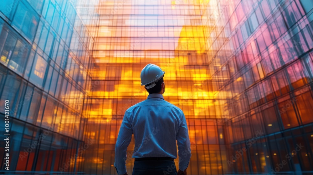Engineer in a Hard Hat Overlooking a Vibrant Orange Glass Building in a Futuristic Architectural Environment Engineer in a Hard Hat Overlooking a Vibrant Orange Glass Building in a Futuristic Architectural Environment