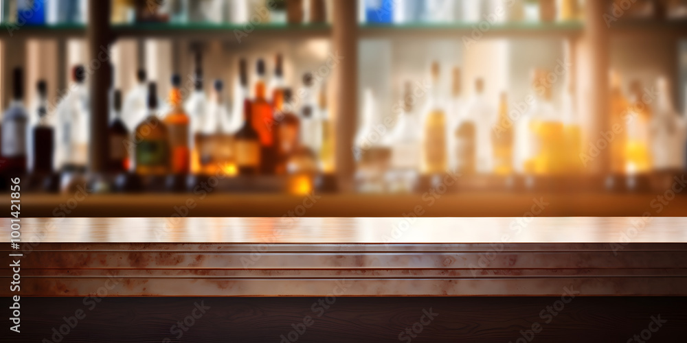Close-up of a blank wooden bar counter with blurred shelves filled with colorful bottles in the background. The warm lighting creates a cozy, inviting atmosphere, perfect for a bar setting Close-up of a blank wooden bar counter with blurred shelves filled with colorful bottles in the background. The warm lighting creates a cozy, inviting atmosphere, perfect for a bar setting