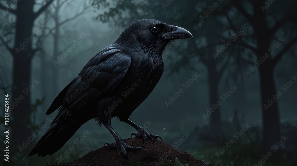 Naklejka premium Raven in a Misty Forest