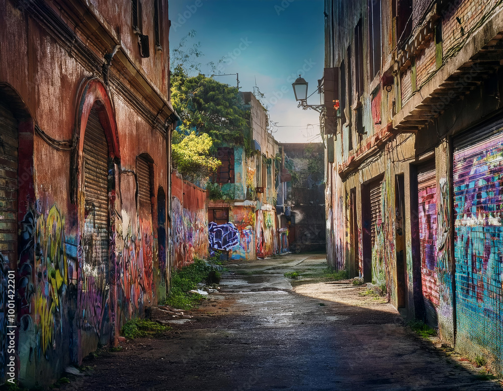 Fototapeta premium Impasse abandonnée avec des graffitis sur les murs