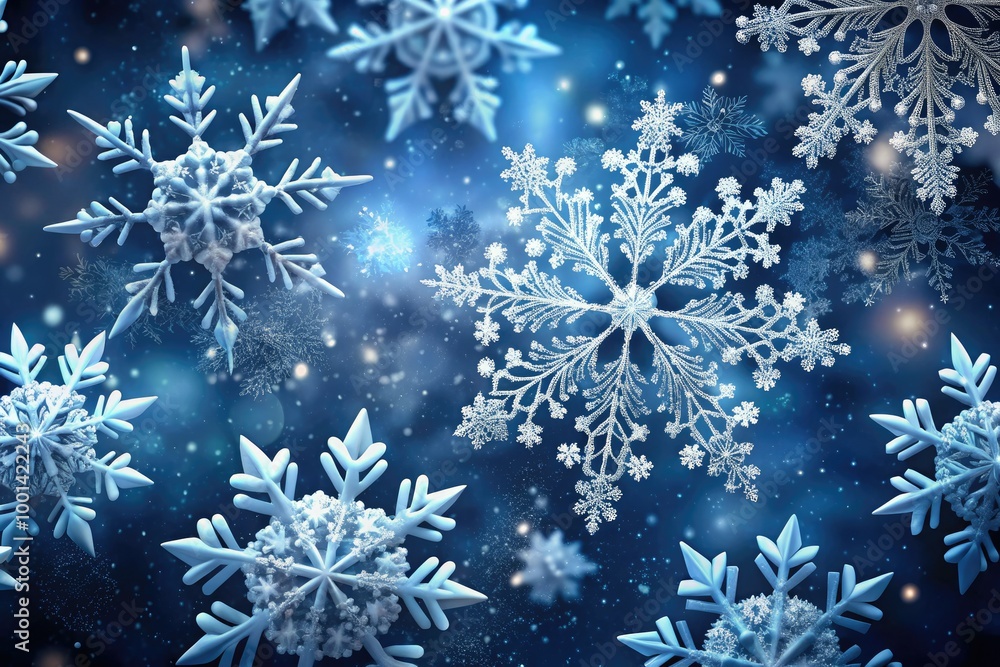 Delicate, intricate snowflakes gently fall against a soft, dark blue background, showcasing their unique six-fold symmetry and ethereal beauty in a winter wonderland scene. Delicate, intricate snowflakes gently fall against a soft, dark blue background, showcasing their unique six-fold symmetry and ethereal beauty in a winter wonderland scene.