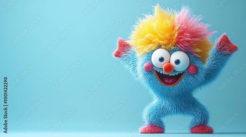 Fototapeta premium A cheerful, colorful fuzzy character with blue fur and vibrant hair strikes a playful pose against a light blue background.