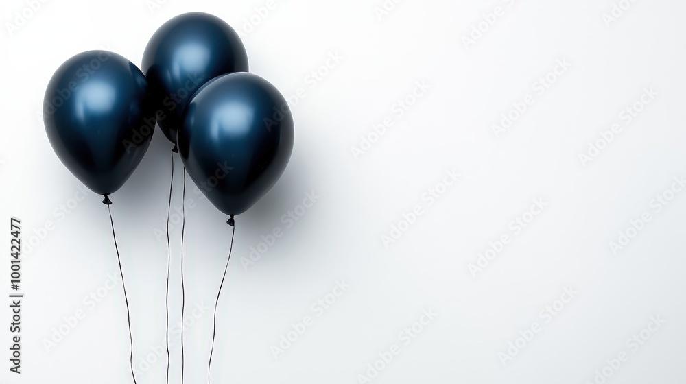 Three dark blue balloons with strings, against a white background, creating a minimal and elegant composition. Three dark blue balloons with strings, against a white background, creating a minimal and elegant composition.