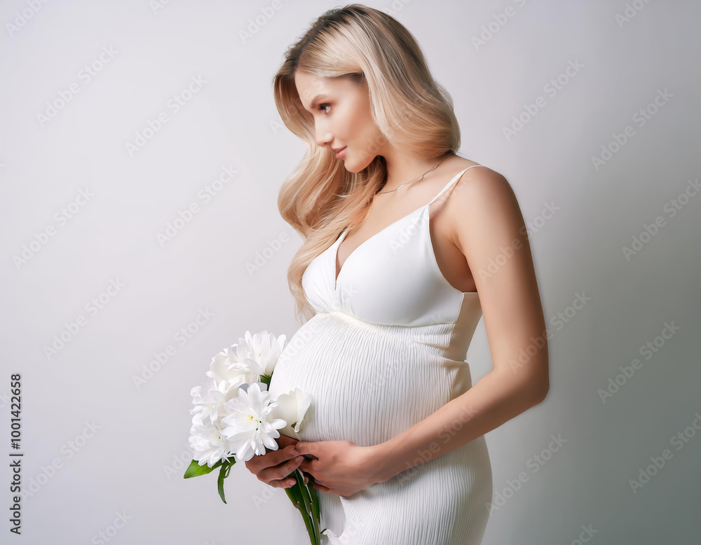 Femme enceinte avec un bouquet de fleurs blanches pour illustrer la grossesse Femme enceinte avec un bouquet de fleurs blanches pour illustrer la grossesse