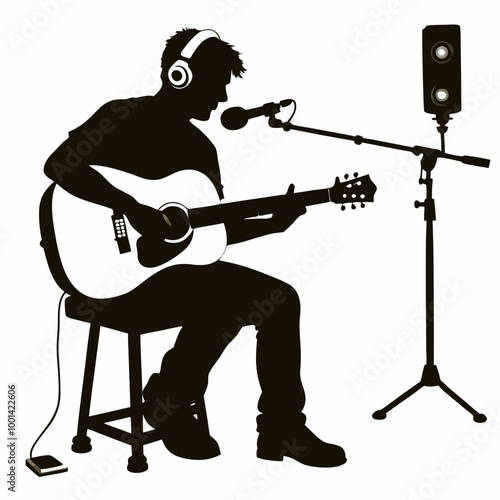 Male musician silhouette, immersive mood, playing acoustic guitar and singing, on white background