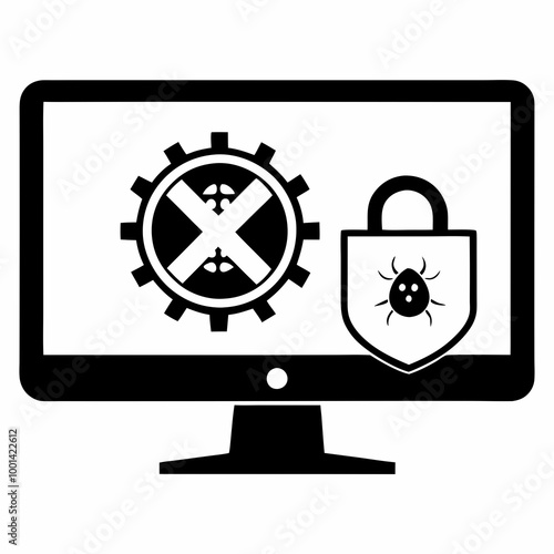 Malware protection concept with computer screen, shield, and virus symbol