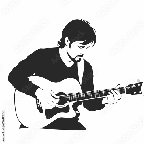 Male guitarist silhouette, focused mood, playing acoustic guitar, on white background
