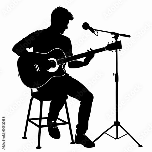 Male musician silhouette, passionate mood, playing guitar on stage, on white background
