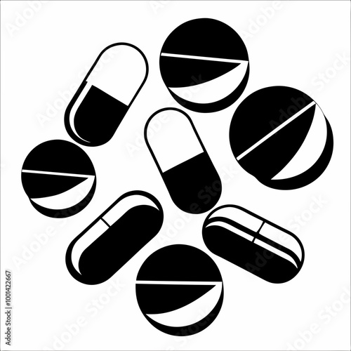 Assorted medication concept with various pills and capsules arrangement