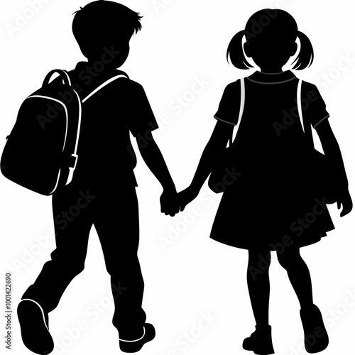 Two children holding hands silhouette, joyful mood, walking to school, on white background
