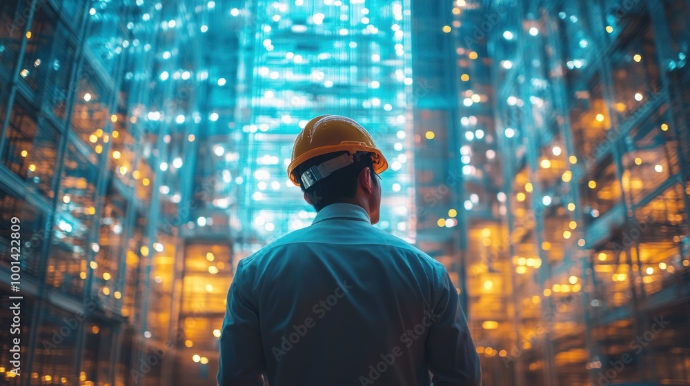 Engineer in Hard Hat Overseeing High-Tech Glass Building at Night with Bright Illuminated Lights Engineer in Hard Hat Overseeing High-Tech Glass Building at Night with Bright Illuminated Lights