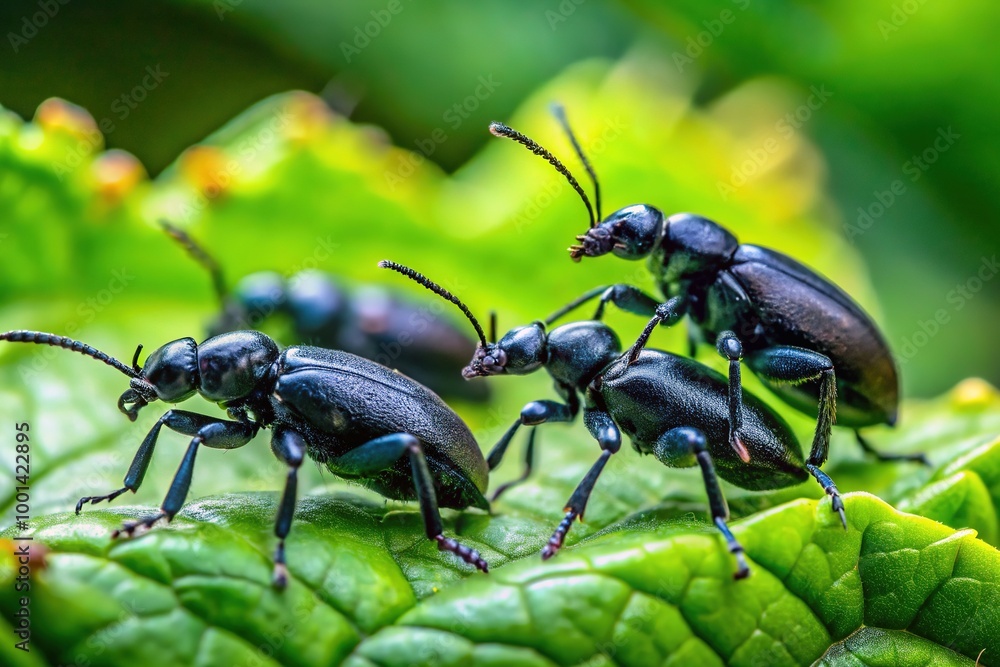 Close-up of Black Insects on Green Leaves in Natural Habitat, Macro Photography of Wildlife Close-up of Black Insects on Green Leaves in Natural Habitat, Macro Photography of Wildlife