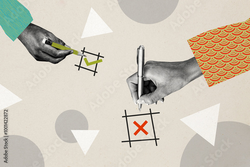 Quadro su tela Composite photo collage of hands hold pen put checkmark sign project approval cr