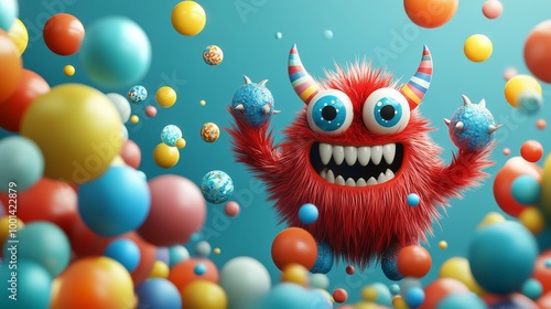A colorful, fluffy monster character joyfully surrounded by vibrant, bouncing spheres against a bright blue background.