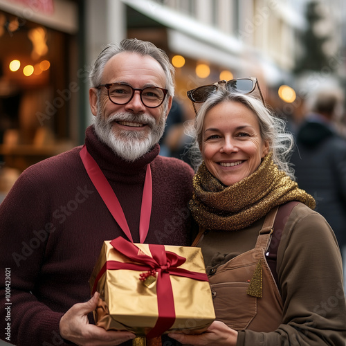 Portrait of happy mature couple in Christmas shopping in the city