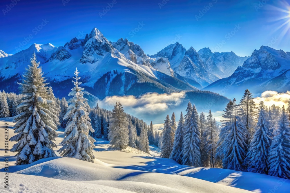 Breathtaking Winter Panorama of Snow-Covered Mountains Under Clear Blue Sky in Stunning Landscape Breathtaking Winter Panorama of Snow-Covered Mountains Under Clear Blue Sky in Stunning Landscape