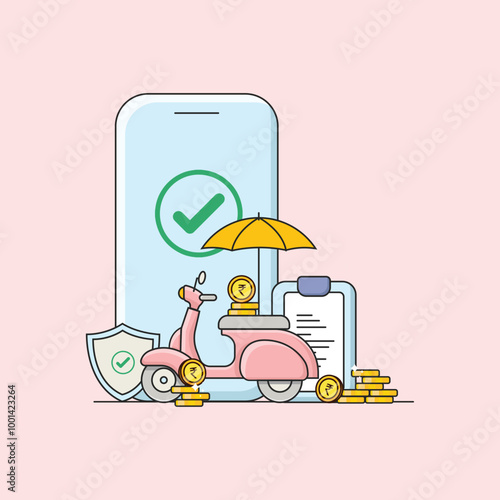 An eye-catching illustration featuring a sleek motorbike surrounded by a cascade of Indian coins, representing the tangible value of mobile insurance for riders.