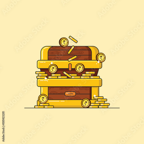 An illustration of a treasure box overflowing with gold Indian coins, symbolizing wealth and prosperity.