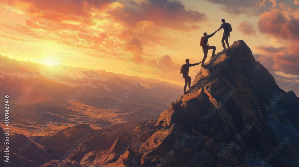 Leader standing on a peak, extending hand to help a team member climb up, representing leadership and teamwork Leader standing on a peak, extending hand to help a team member climb up, representing leadership and teamwork