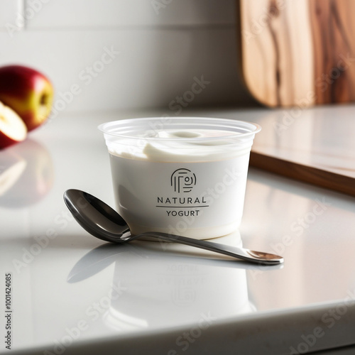 Photograph of a close-up shot of a sleek, branded creamy Greek yogurt cup