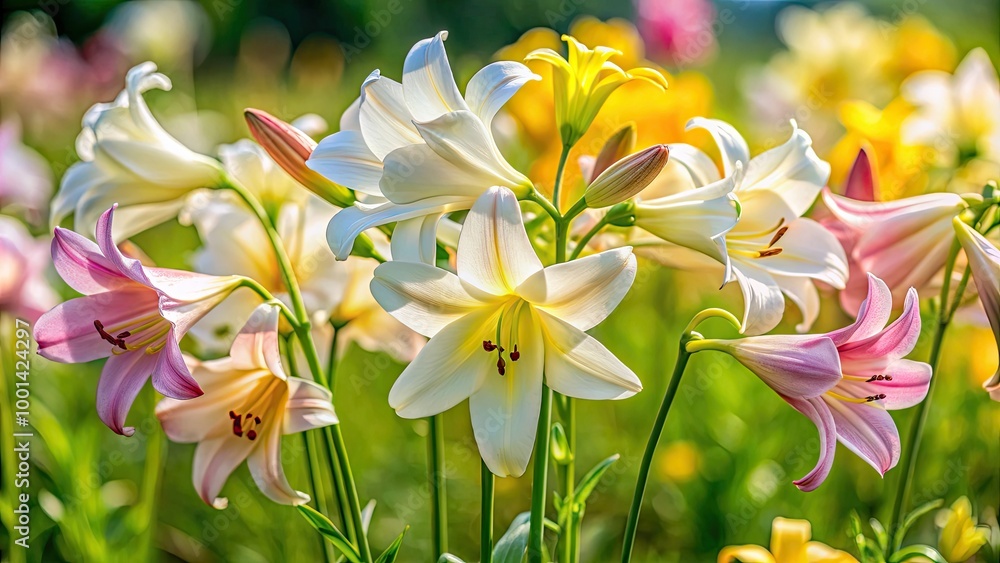 Obraz premium Delicate, trumpet-shaped lirios flowers in soft hues of white, yellow, and pink bloom in a lush, vibrant meadow, surrounded by verdant green foliage.