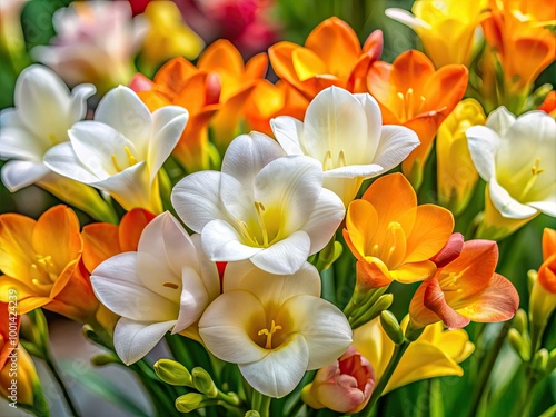 Delicate, trumpet-shaped frezia flowers bloom in vibrant shades of white, yellow, and orange, filling the air with a sweet, citrusy fragrance in early spring. photo