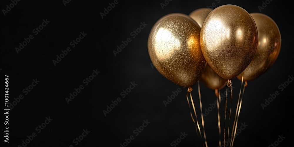 A cluster of golden balloons with glitter accents against a dark background, symbolizing celebration and festive joy. A cluster of golden balloons with glitter accents against a dark background, symbolizing celebration and festive joy.