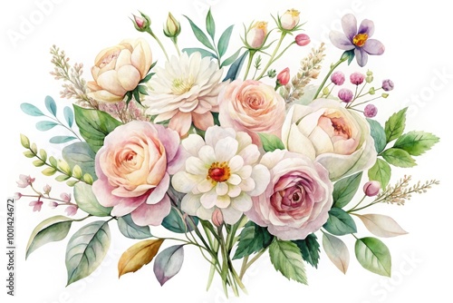 Delicate watercolor illustration of a lush mixed-flower bouquet, featuring soft petals, gentle stems, and subtle shading, set against a creamy white background.
