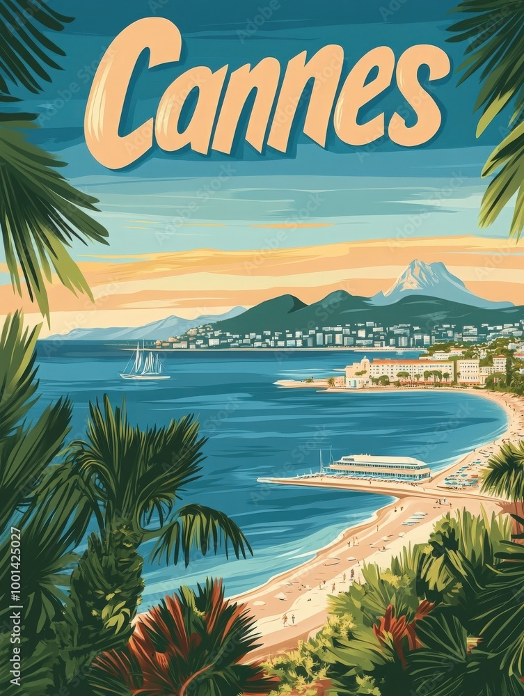 Fototapeta premium Experience the allure of Cannes with its lush coastline, vibrant beaches, and tranquil waters, all captured in this retro travel poster celebrating this iconic destination.