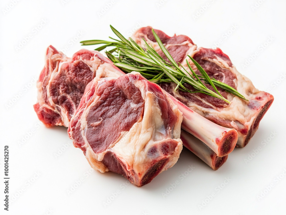 Obraz premium Pieces of meat with a bunch of rosemary on top. 