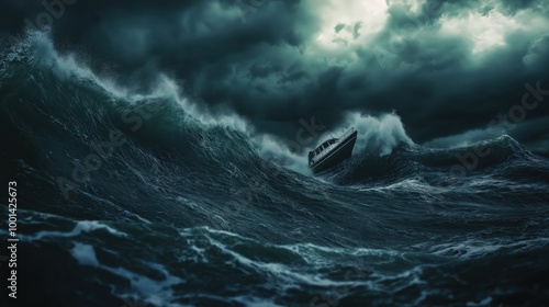 Ocean wave about to crash on a boat during a storm