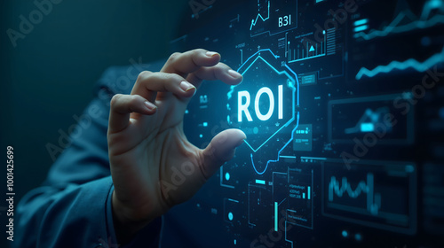 Return on investment (ROI) hologram displayed in businessman’s hand photo